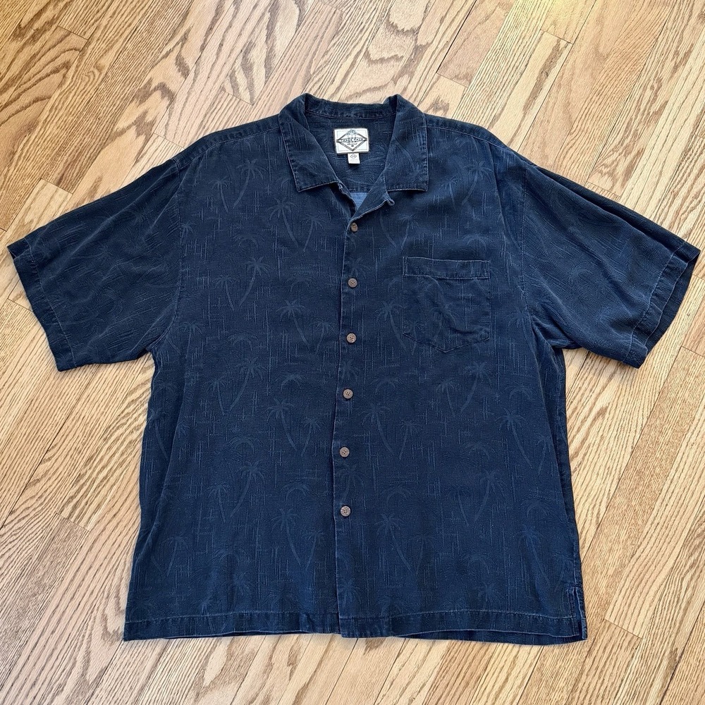 Three Palm Men's Silk Shirt XXL Palm Tree Print Dark Gray Hawaiian‎ Resort Camp